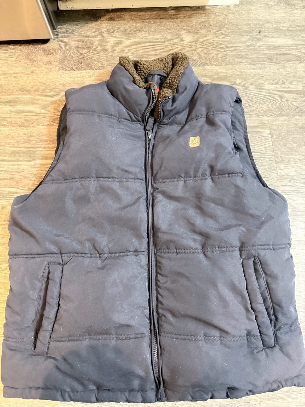 Coleman Quilted Puffer Vest in Navy with Brown Sherpa Collar